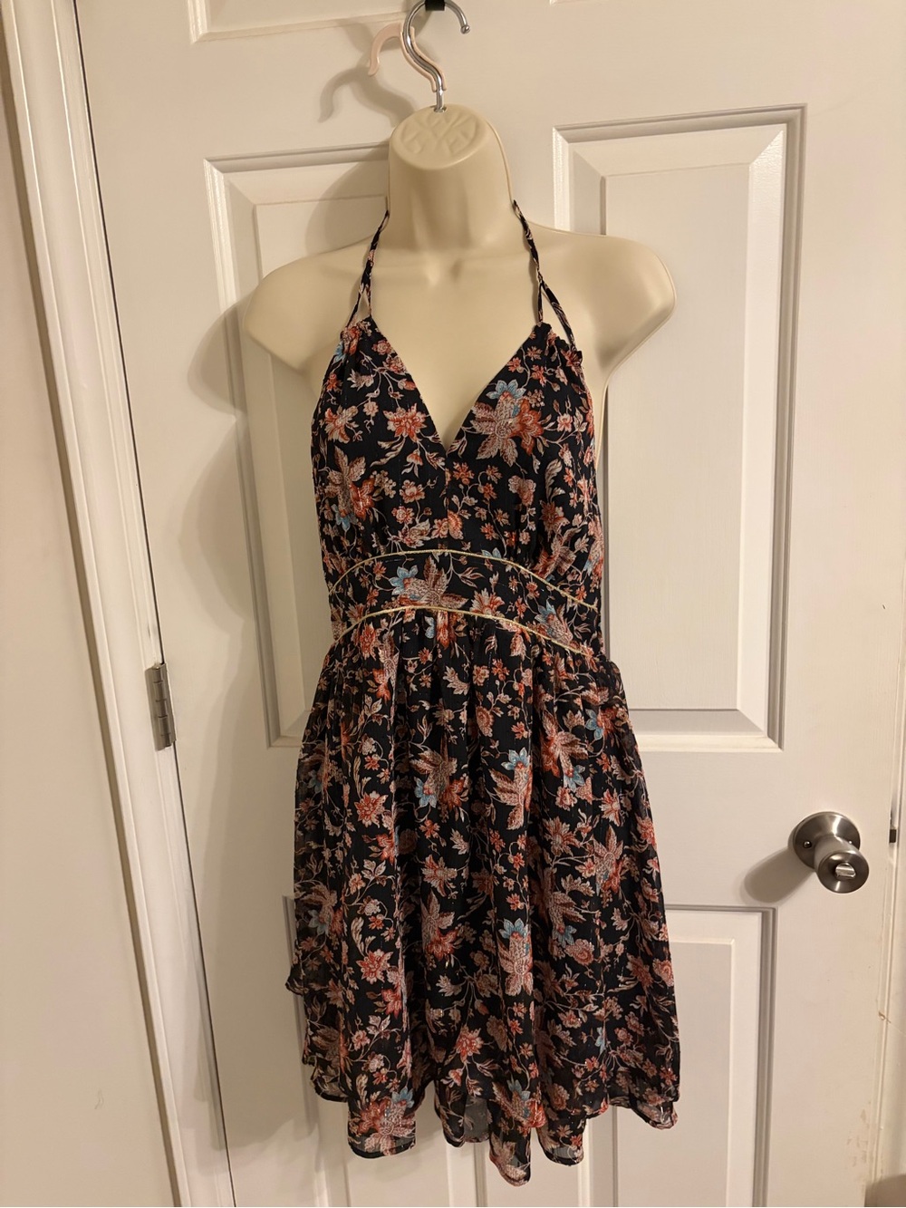 Express Floral Halter Summer Dress in Black and Coral